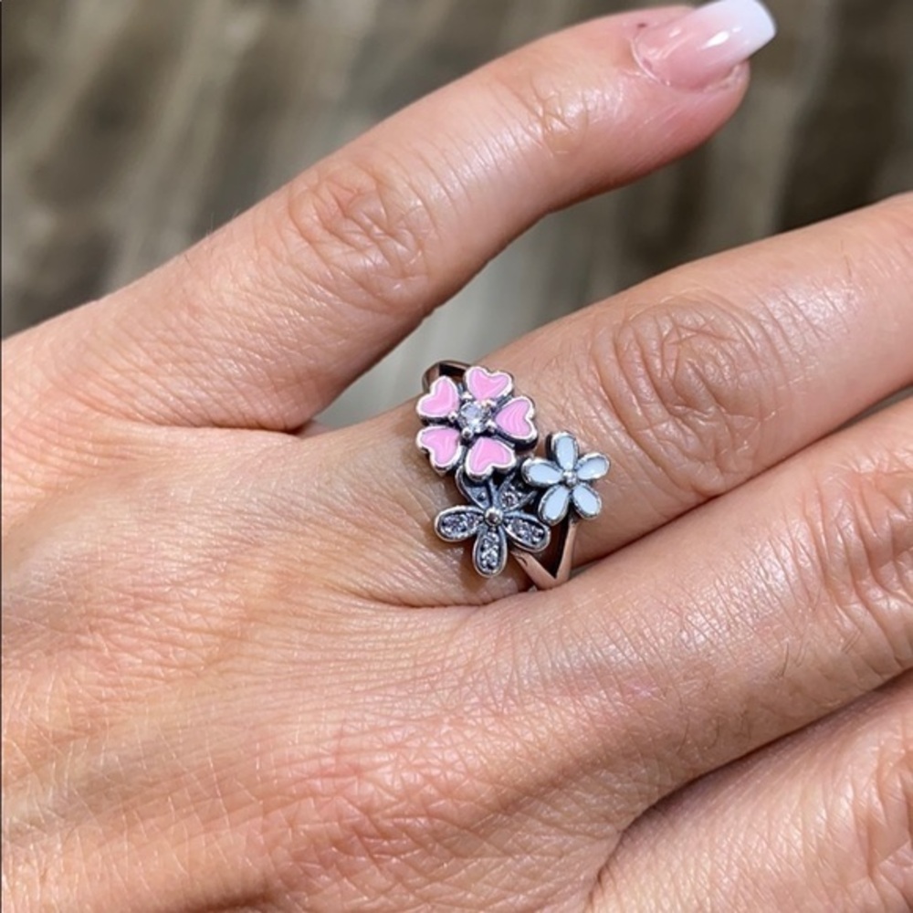 Sterling silver Pandora Look pink Flower CZ Ring